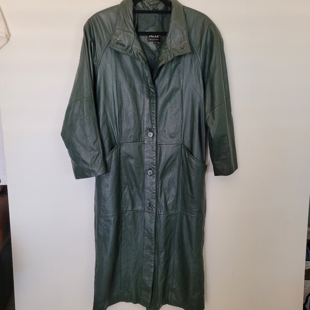 VTG PELLE Leather Trench Coat Long Forrest Green Size S Pockets Patchwork Lined